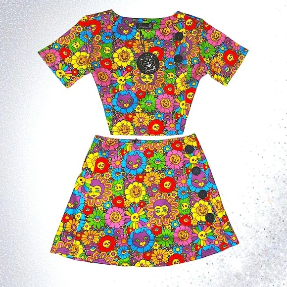 Sourpuss 60’s ‘Daisy Disaster’ Halloween Skull Pumpkin Floral Set NWT 🌈 - Picture 3 of 3